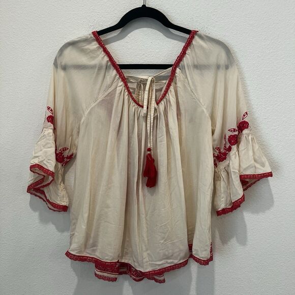 Anthropologie Love Sam Ivory Rose Embroidered Peasant Top Cold Shoulder Sz L - Picture 6 of 9